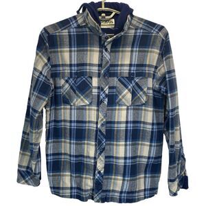 Dravus Men's Size L 17.5 34 Flannel Shacket Jacket Hooded Lined Blue Plaid